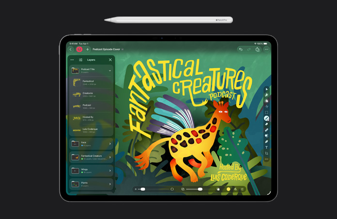 Apple Pencil, schermata di iPad Pro 13, Pixelmator Pro, illustrazione della copertina di un episodio di podcast, strumenti per i livelli
