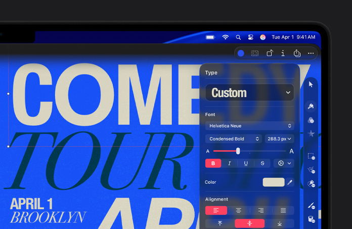 Spazio lavoro di Pixelmator Pro con caratteri tipografici bianchi e neri su uno sfondo blu, barra degli strumenti a destra