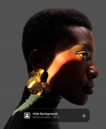 Interfaccia di Pixelmator Pro con l’immagine di una persona di profilo, strumento Nascondi sfondo