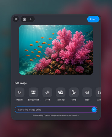Finestra di generazione di immagini, immagine di una barriera corallina colorata, strumenti di fotoritocco, pulsante di inserimento, barra di descrizione dei ritocchi dell’immagine in basso