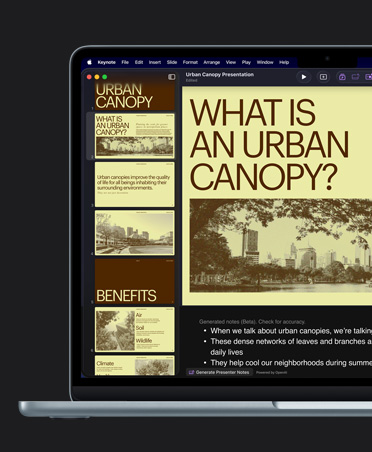 Schermata di MacBook Air 13, Keynote, slide gialla intitolata Urban Canopy con immagini di edifici, note per chi presenta generate dall’AI sotto la slide