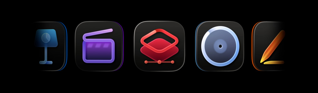 Icone delle app di Apple Creator Studio: Final Cut Pro, Pixelmator Pro, Logic Pro, Pages, Compressor, MainStage, Numbers, Motion, Freeform e Keynote