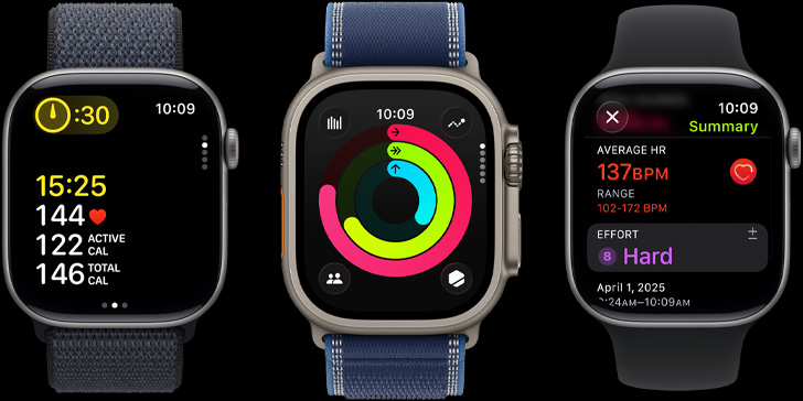 Drie Apple Watch-devices met work‑outgegevens, Activiteit-ringen en inzichten na een work‑out op het scherm