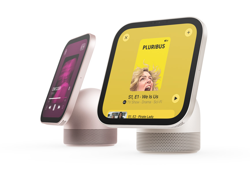 Apple HomeView, two devices: from left to right, rose pink colour, displaying Music app album artwork, starlight colour (pale gold), showing artwork from the Apple TV series Pluribus