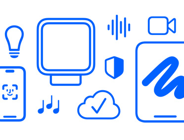 Blue line-art illustration of Apple HomeView, with icons representing smart home, privacy, music, FaceTime and cloud storage features