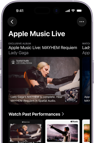Apple Music Live-skærm på iPhone med Se nu og tidligere koncerter