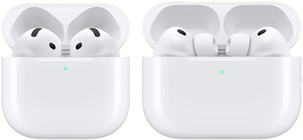 AirPods 5 und AirPods Pro 3: In-Ear Kopfhörer in geöffneten Ladecases, Farbe Weiß, grüne Statusanzeige auf jedem Case