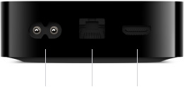Apple TV 4K, Rückansicht, Anschlüsse: integriertes Netzteil, Gigabit Ethernet, HDMI