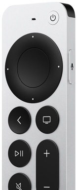 Siri Remote, silver colour aluminium casing, slim profile. Front exterior: microphone at top centre, power button at top right, circular touch-enabled click-pad, raised control buttons arranged vertically in two columns; back button, pause and play button, mute button, home button and volume up and down button. Top exterior: IR transmitter. Right side: raised Siri button at top, flat exterior rounded corners