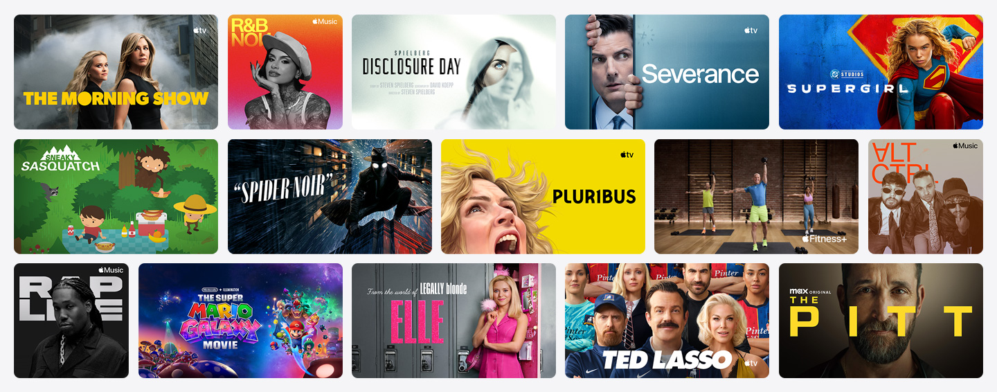 Grid of poster artwork from Apple TV, Apple Music, Apple Fitness+, Apple Arcade, and channel partners