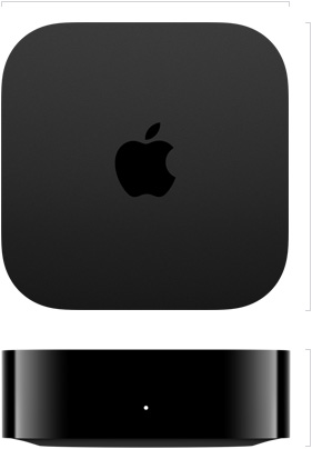 Apple TV 4K, top exterior, centered Apple logo, front exterior, status light