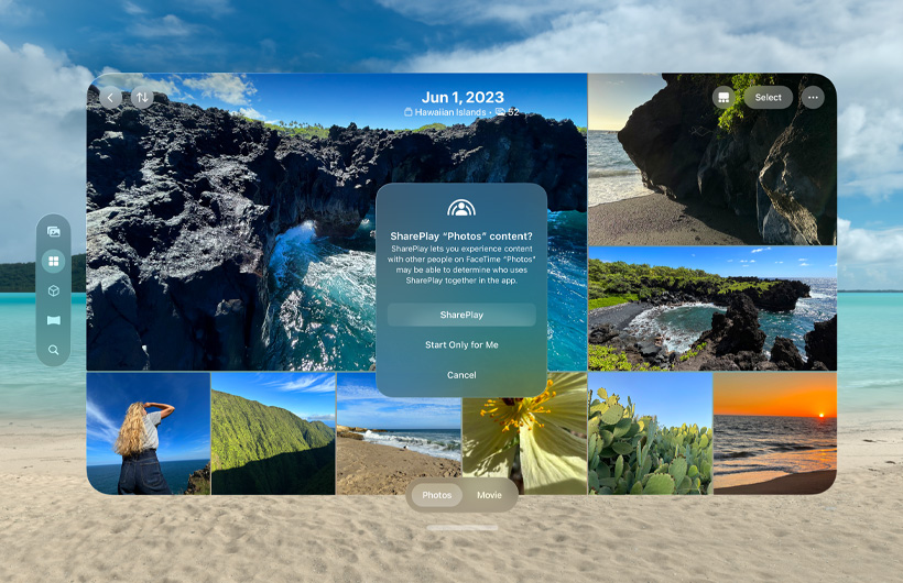 Photo library in SharePlay interface over Bora Bora Environment, interstitial window with headline SharePlay Photos content displayed, with three buttons that read: SharePlay, Start Only for Me and Cancel