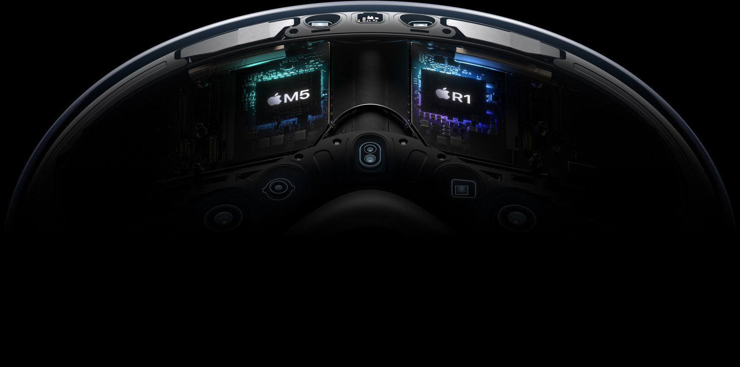 Technische Explosionsansicht der Apple Vision Pro, die die M5 und R1 Chips hervorhebt