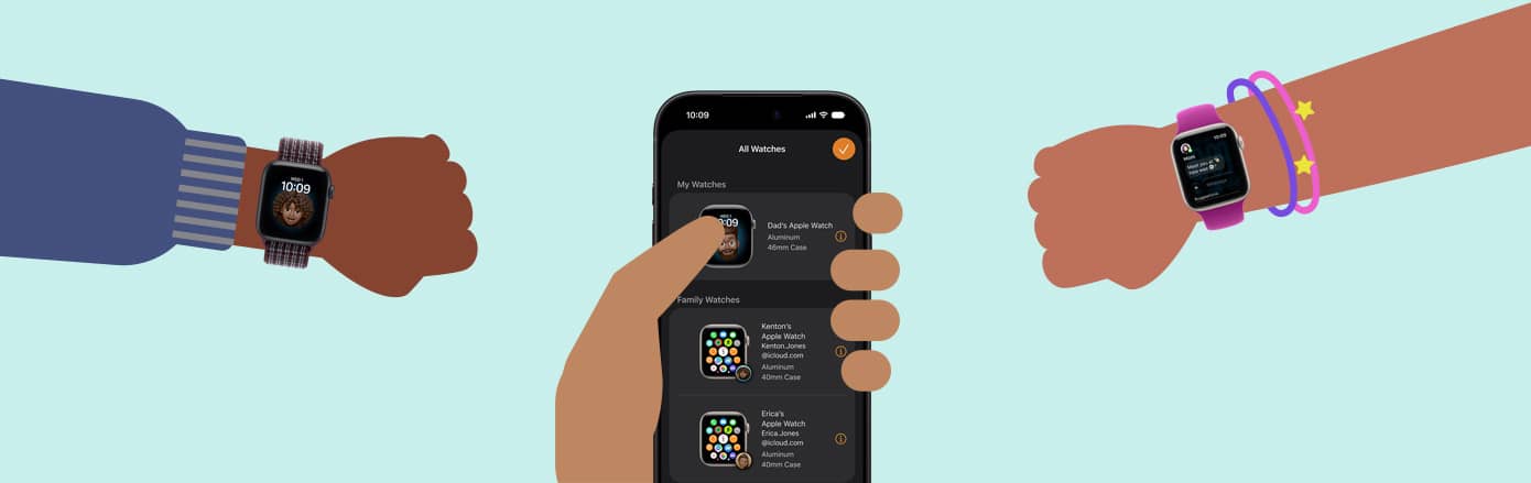 Illustration som visar två barnhänder med Apple Watch SE 3, handen på en vuxen som håller en iPhone