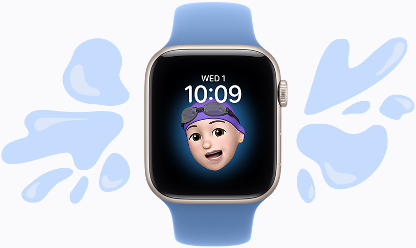 Apple Watch SE 3, aluminiumboett i färgen stjärnglans, urtavla med memoji, illustrerade vattenstänk som skakas av en vattentålig klocka, sportband i färgen ängsblå