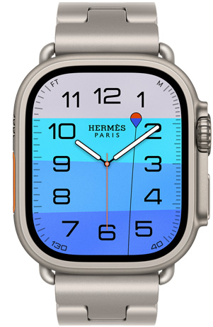 Apple Watch Hermès Ultra 4, den analoga urtavlan Fathom and Wonder (timvisare, minutvisare och sekundvisare, komplikationen djup, en orange boj flyter på ett turkosblått hav som övergår från ljusblått till mörkblått), titanboett, naturlig finish, höger utsida, Digital Crown, upphöjd sidoknapp, kombinerad med armbandet Grand H Titane i färgen Gris Titane