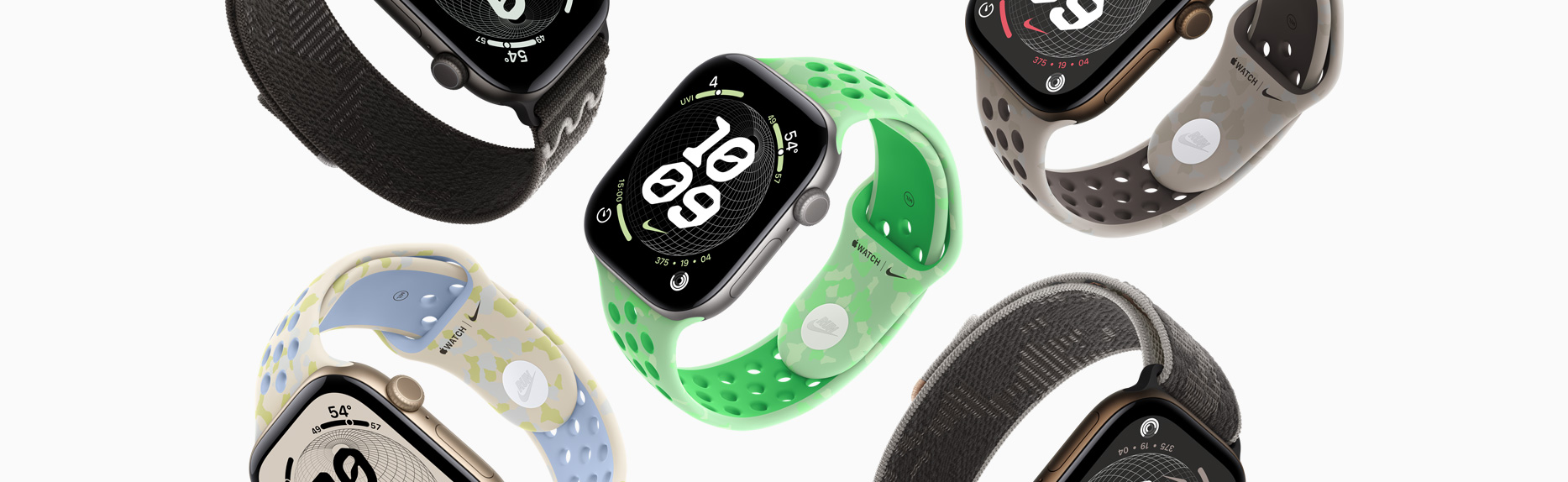 Apple Watch-enheter, olika Nike-armband och Nike-urtavlor