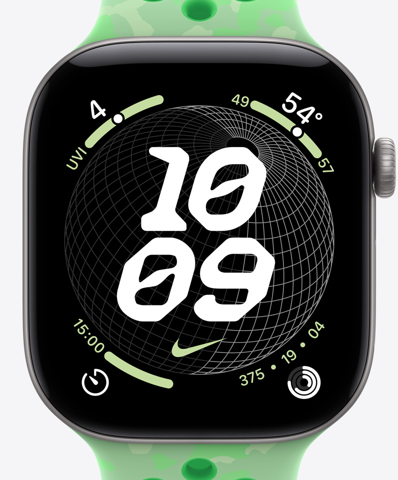 Urtavlan Nike Globe, tid, Nike-logotypen, komplikationer: UV-index, väder, timer, aktivitetsringar