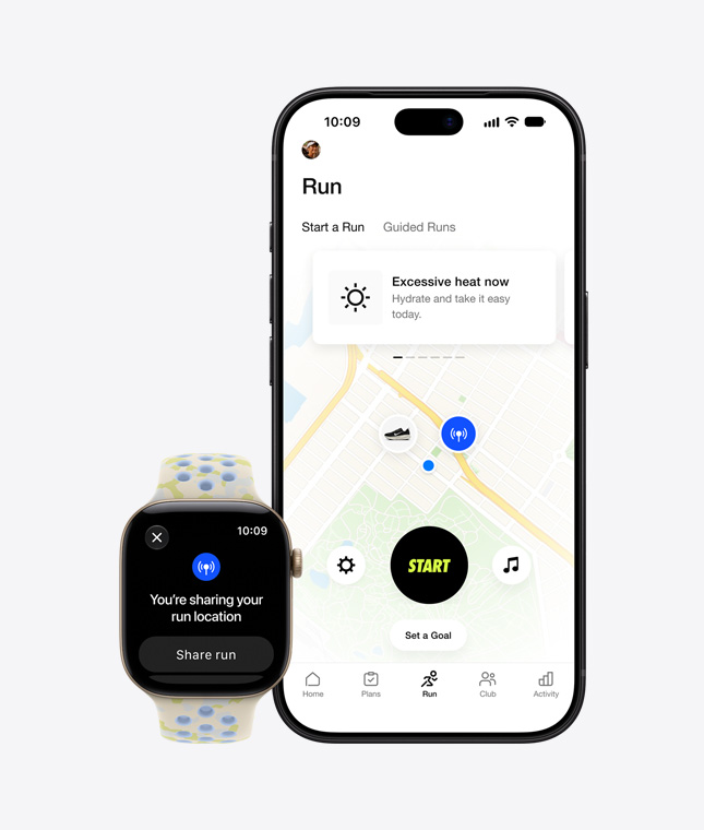 Apple Watch Series 12, aluminiumboett, färgen ljust guld, Nike-sportloop, färgen Pavement Grey (mörkgrå med vävt mönster i grått och röda detaljer), platsdelningsskärm, iPhone 18 Pro, Nike Run Club-appen visar en löprunda utomhus på en karta