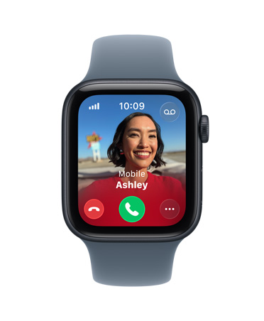 Apple Watch SE 3, aluminium case, midnight colour, incoming call, contact photo, accept and decline call buttons, right side exterior, Digital Crown, Sport Band, purple fog colour