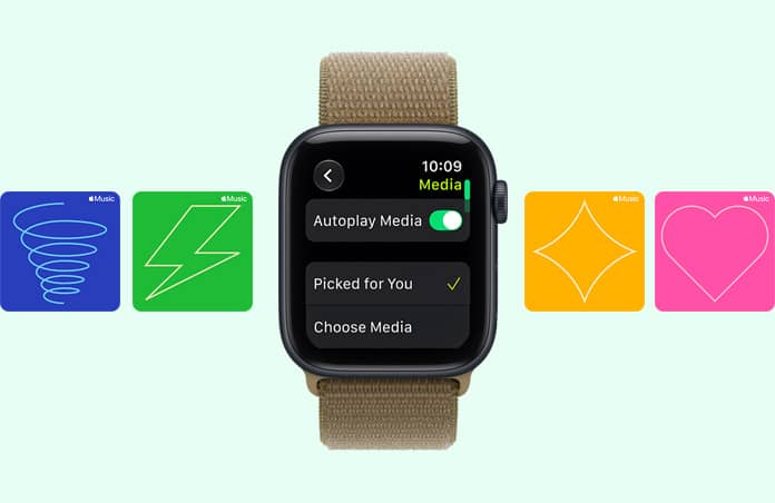 Apple Watch SE 3, aluminium case, midnight colour, screen shows Media Player, right side exterior, Digital Crown dial, Sport Loop band, olive colour (earthy green), background Apple Music graphic cards: whirlwind, lightning, diamond and heart illustrations