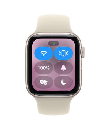 Apple Watch SE 3, aluminium case, starlight colour, screen shows Control Center, ping iPhone icon, right side exterior, Digital Crown dial, Sport Band, pale succulent colour (light yellow-green)
