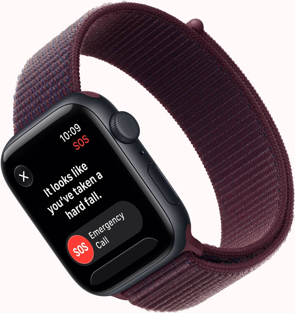 Apple Watch SE 3, screen shows SOS Fall Detection notification, emergency call button, aluminium case, midnight colour, connected to Sport Loop band, burgundy colour