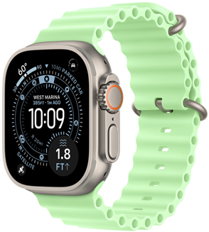 Apple Watch Ultra 3, natural color, titanium case, Orienteering watch face, complications: weather, parked car location, satellite, and distance to surface, right side exterior, Digital Crown, microphone, side button, Ocean Band, neon green color