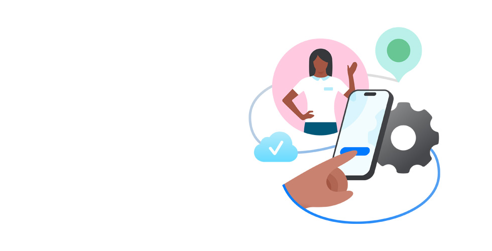 Ilustración de un especialista de Apple que sostiene en la mano los audífonos de un cliente. Debajo de la ilustración aparece dibujada la pantalla de una MacBook con la interfaz de Configuración del Sistema, rodeada por los íconos de las apps Contraseñas, iCloud, Apple Fitness y Fotos.