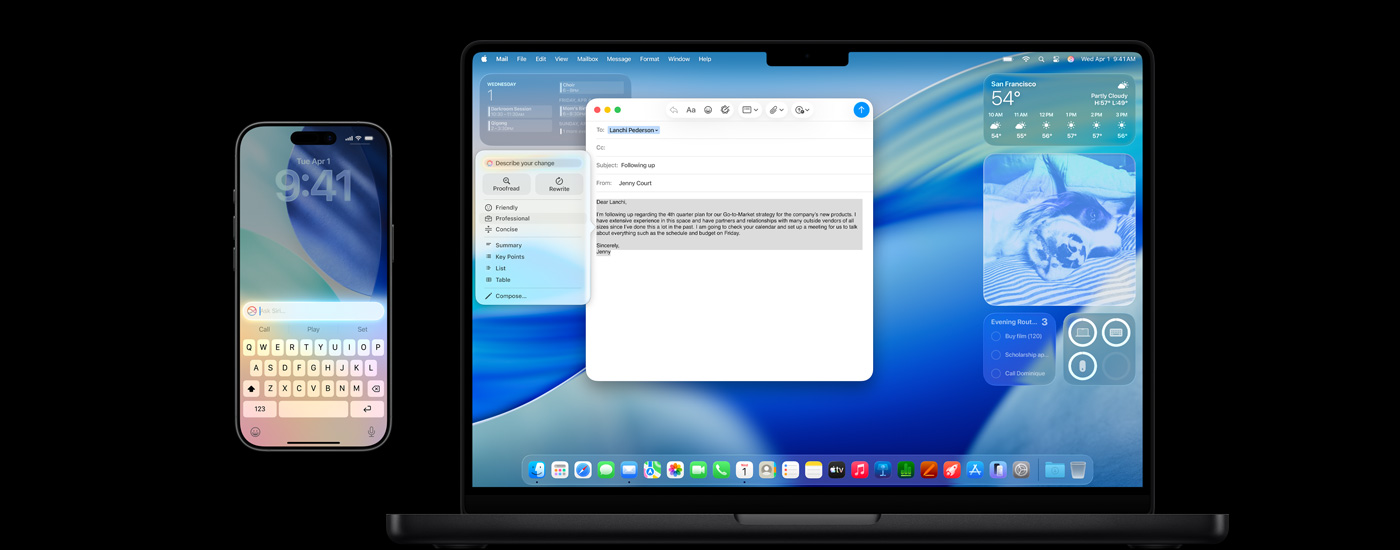 iPhone 與 Mac 展示 Apple Intelligence，同時呈現 macOS Tahoe 螢幕保護程式。