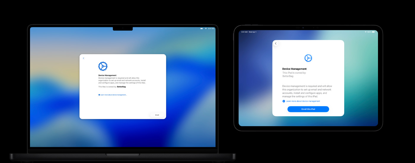 兩部 Apple 裝置並排擺放：Mac 電腦顯示裝置管理視窗，iPad 顯示裝置管理畫面。