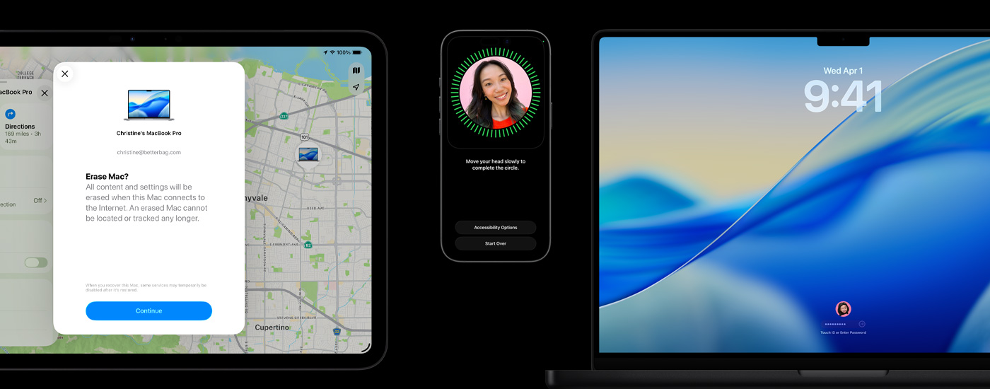 一部 iPad 上顯示清除 Mac 的選項，一部 iPhone 上顯示 Face ID 設定，一部 Mac 上顯示 macOS Tahoe 主畫面，並呈現須輸入密碼或使用 Touch ID。