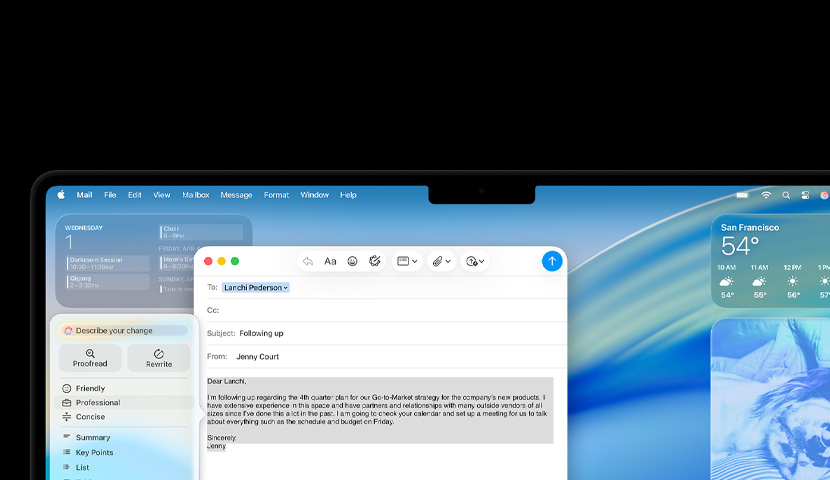 Mac 桌面上有一封帶有 Apple Intelligence 提示的商務郵件，電子郵件視窗後方有各款小工具及 macOS Tahoe 背景圖片。