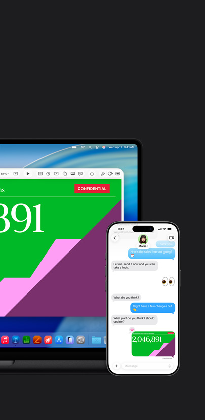 Mac 顯示一份簡報與 macOS Tahoe 背景圖片。Mac 的前方是一部 iPhone，在文字訊息對話中顯示同一份簡報。
