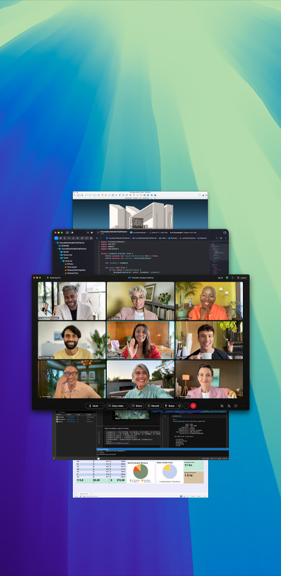 macOS Tahoe 顯示多個 app 畫面，包括在 Webex 上進行的線上會議，與會者面帶笑容。