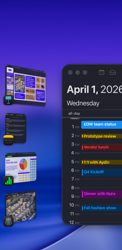 桌面使用幕前調度顯示多款  iOS app，其中行事曆 app 以醒目方式顯示行程。