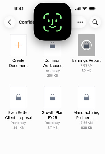 iPhone 螢幕顯示 Pages 檔案，前方則有 Face ID 圖像，示範如何安全解鎖裝置。