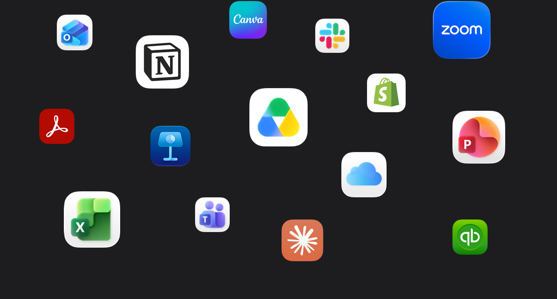 App Symbole verteilt auf einem dunklen Hintergrund: Microsoft Teams, Microsoft Excel, Canva, Shopify, Microsoft PowerPoint, Claude, Zoom, Notion, Keynote, Slack, Salesforce, Quickbooks, Google Drive, Acrobat Reader, Microsoft Outlook