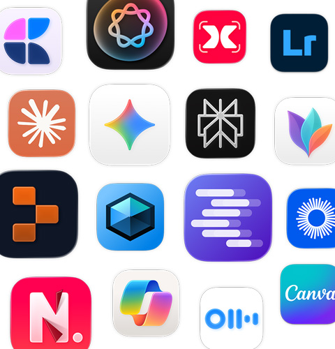 一系列 AI app 圖像，包括 MindNode、Adobe Lightroom、Claude 和 Google Gemini
