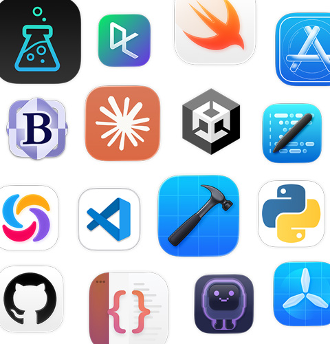 一系列程式設計 app 圖像，包括 Unity Editor、DataCamp、Swift Playground 和 Apple Developer