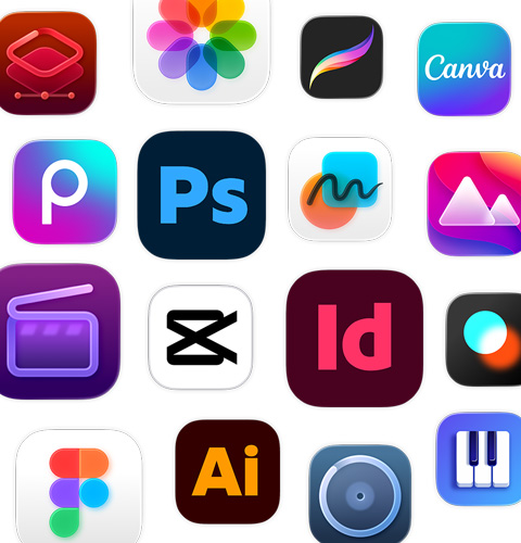 一系列創造力 app 圖像，包括 Adobe Illustrator、Canva、CapCut 和 Figma