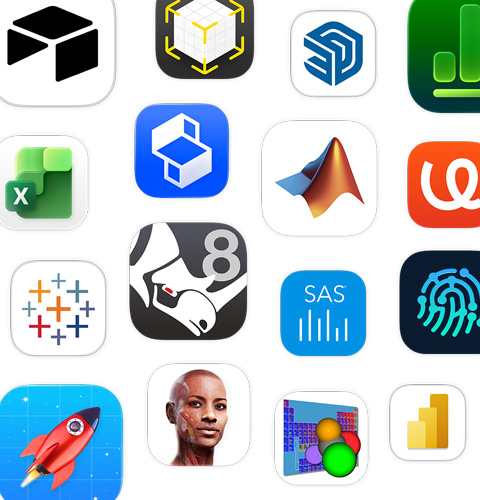 一系列 STEM app 圖像，包括 Shapr3D、MATLAB、uMake 和 Tableau