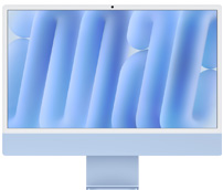 藍色 iMac 正面圖，頂部中間有相機，螢幕顯示藍色抽象背景圖片