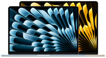 兩部打開的 MacBook Air 筆電，較小的一部放在較大的前面，背景圖片分別為鮮明的藍色和黃色抽象設計圖案