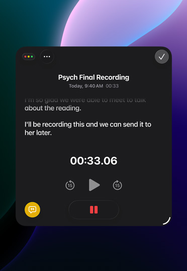 螢幕顯示備忘錄 app 正在錄音