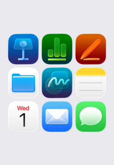 Apple app 圖像，以 3 乘 3 格狀排列，包括：Keynote、Numbers、Pages、檔案、備忘錄和行事曆