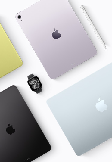 以俯視角度展示不同顏色的 Mac 與 iPad 裝置，中間放置一隻黑色 Apple Watch