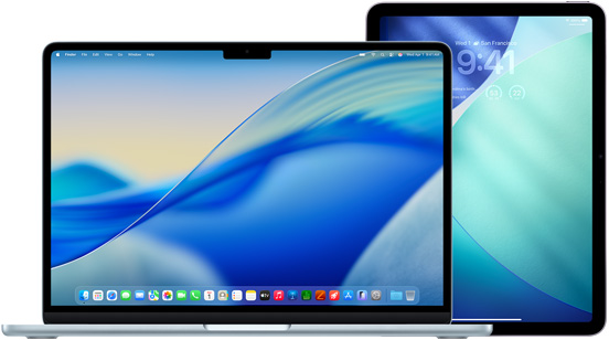 左側為 MacBook，右側為 iPad，螢幕顯示相似的藍綠色背景圖片