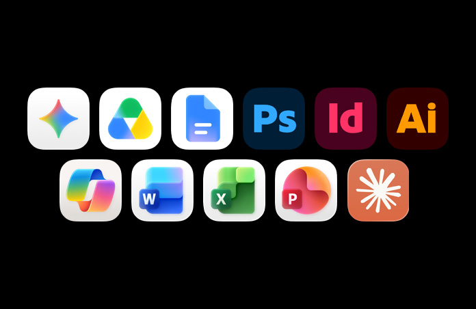 Una serie di icone con Gemini, Google Drive, Google Docs, Adobe Photoshop, Adobe InDesign, Adobe Illustrator, Microsoft Copilot, Microsoft Word, Microsoft Excel, Microsoft Powerpoint e Claude