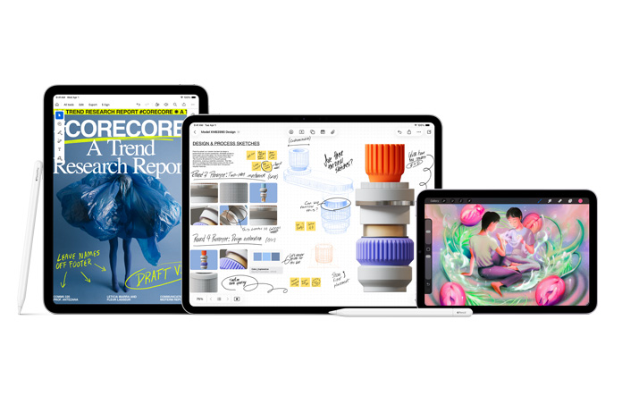 iPad Pro, iPad Air e iPad disposti in serie, con Apple Pencil Pro poggiata accanto ad iPad Pro e Apple Pencil disposta in orizzontale davanti agli altri due dispositivi